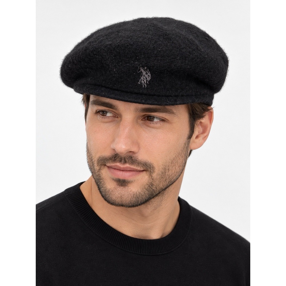 US Polo Assn Black 100% Wool Newsboy Cabbie Flat Cap Embroidered Logo